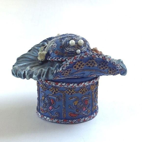 Trinket Box Hat Adorned Pearl Floral Feather Jewelry Box Home Decor Blue - Picture 4 of 8